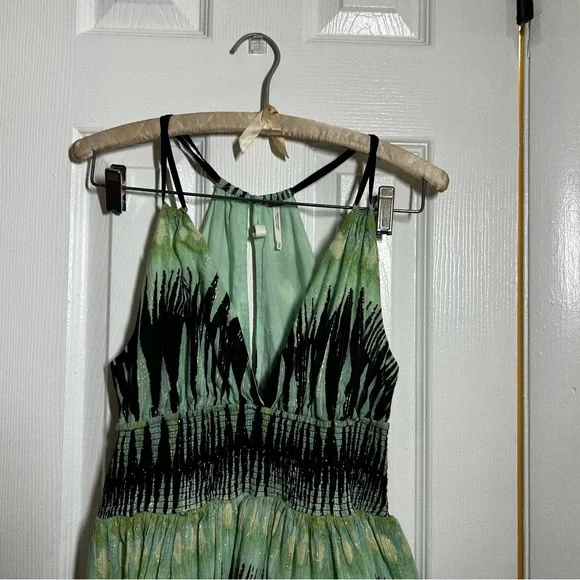 Free People XS Boho Halter Mini Dress Green Abstract Print Smocked Waist - Picture 3 of 15